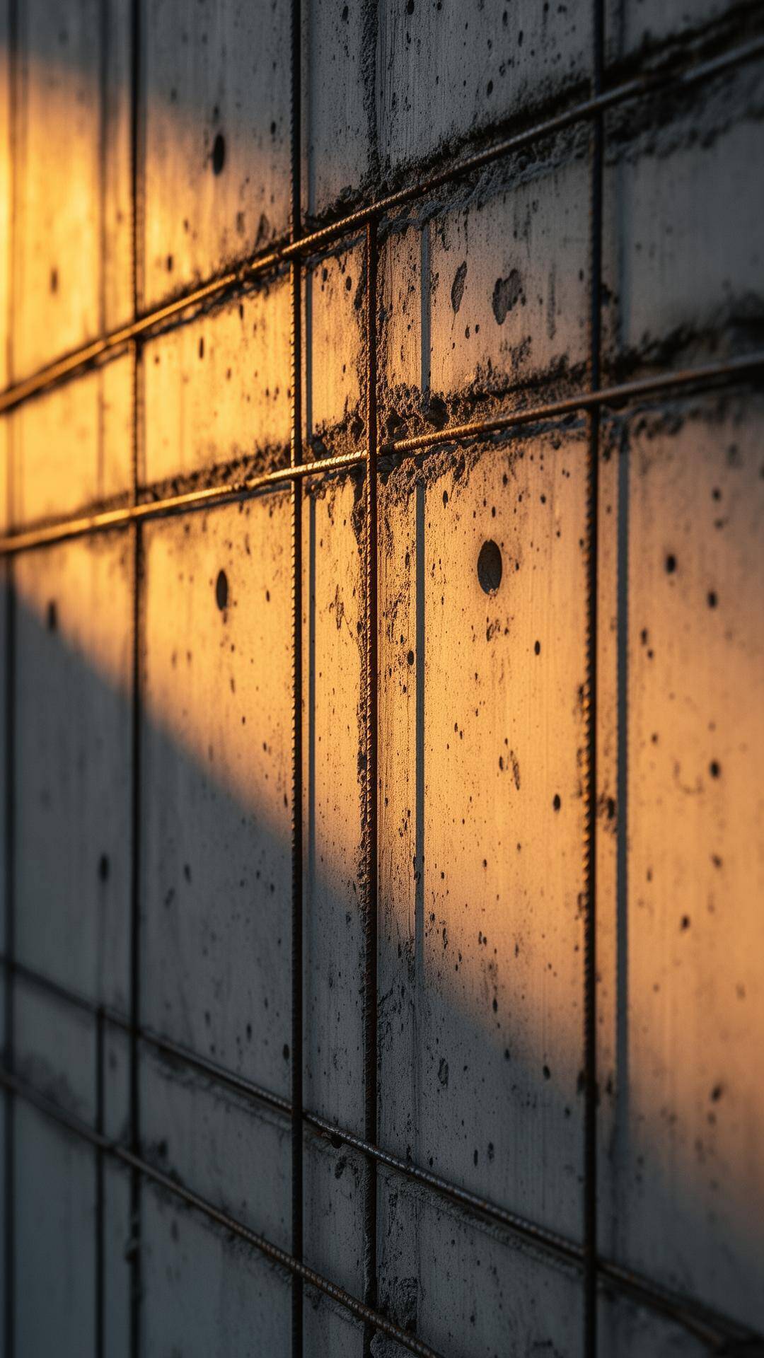 Sichtbeton-Detail mit Bewehrung im Goldlicht